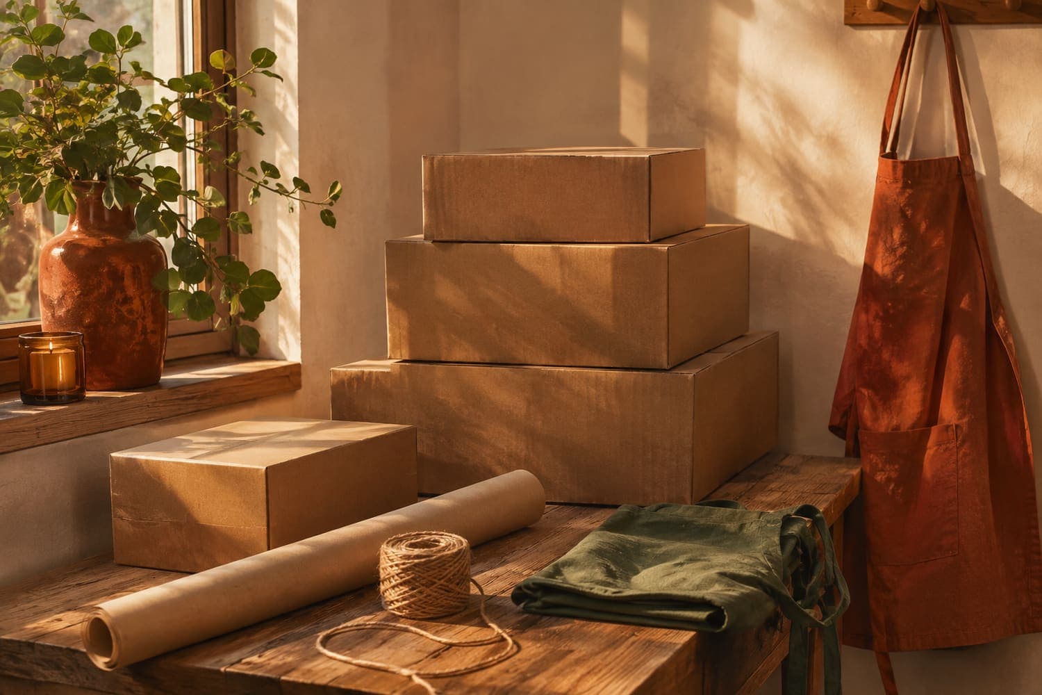 A quiet corner of a one-person studio: a bench, stacked plain boxes, a roll of kraft paper and a folded apron on a hook.